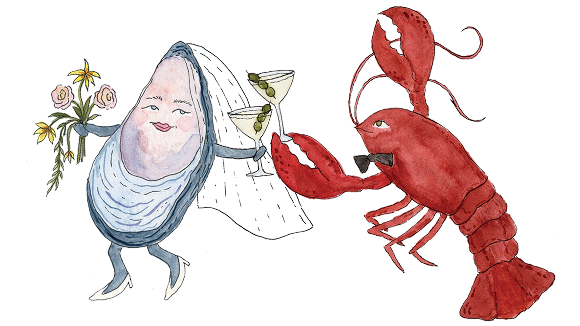 A whimsical watercolor illustration of an oyster in a white bridal veil holding flowers and a cocktail glass, facing a red lobster wearing a bow tie, on a plain white background.