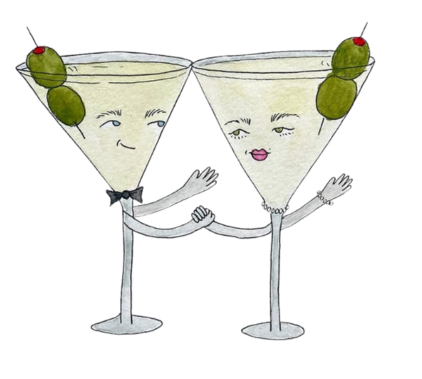 Two martini glasses with faces, arms, and legs holding hands, each garnished with olives.
