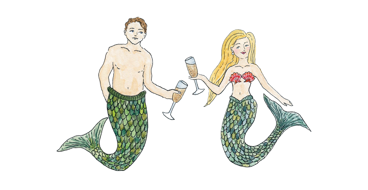 A hand-drawn illustration of a couple of mermaids clinking champagne glasses. The man has brown hair and a green scaled tail, while the woman has long blonde hair and a red seashell bikini top with a green scaled tail.
