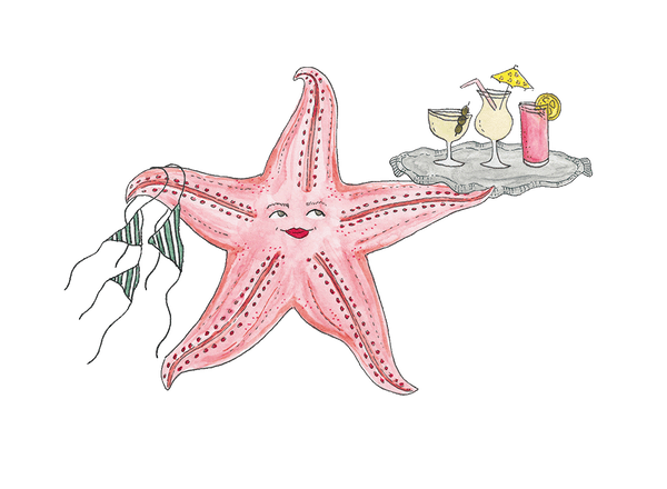 A whimsical illustration of a smiling pink starfish holding a tray with two cocktails, one green and white with a striped napkin, and one pink with a yellow umbrella and lemon slice, on a plain white background.