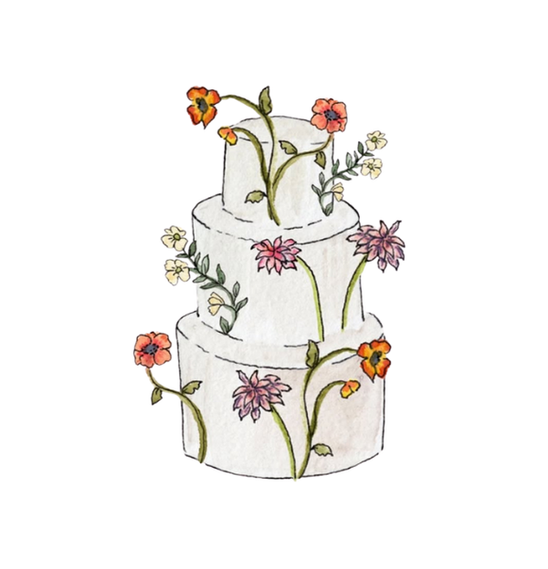 Three-tiered wedding cake with floral decorations on a white background
