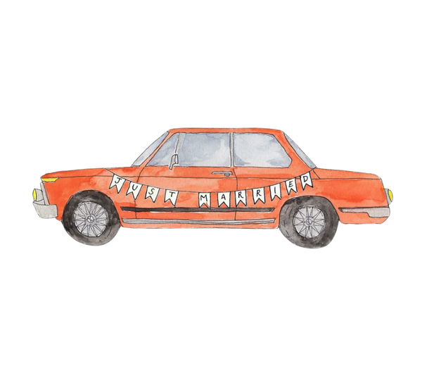 Illustration of an orange car with a banner on a white background