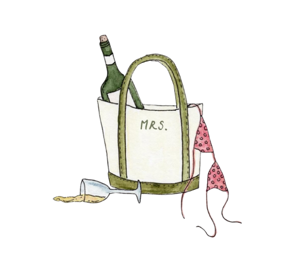 A hand-drawn illustration of a white tote bag with olive green handles and trim, featuring the text 'M.R.S'