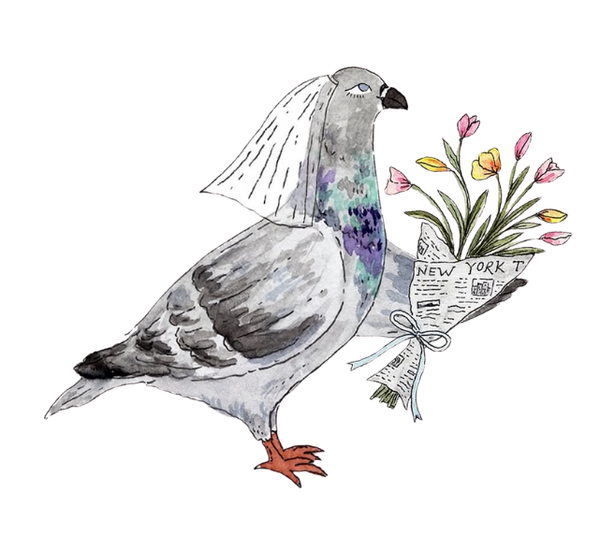 Illustration of a pigeon holding flowers and a newspaper on a white background